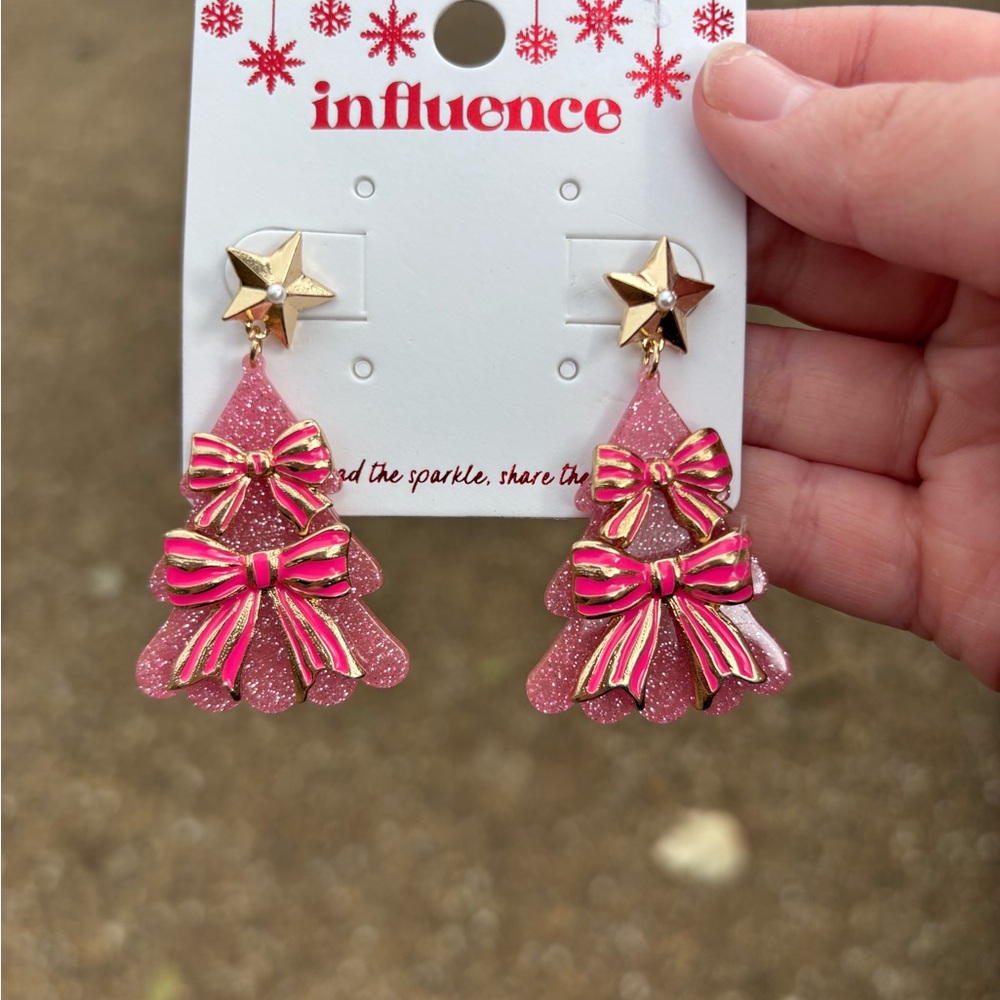 Make an offer- Pink Christmas Tree Earrings with Gold Stars